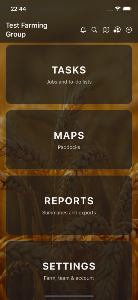 Farm Records home screen — Tasks, Maps, Reports, and Settings