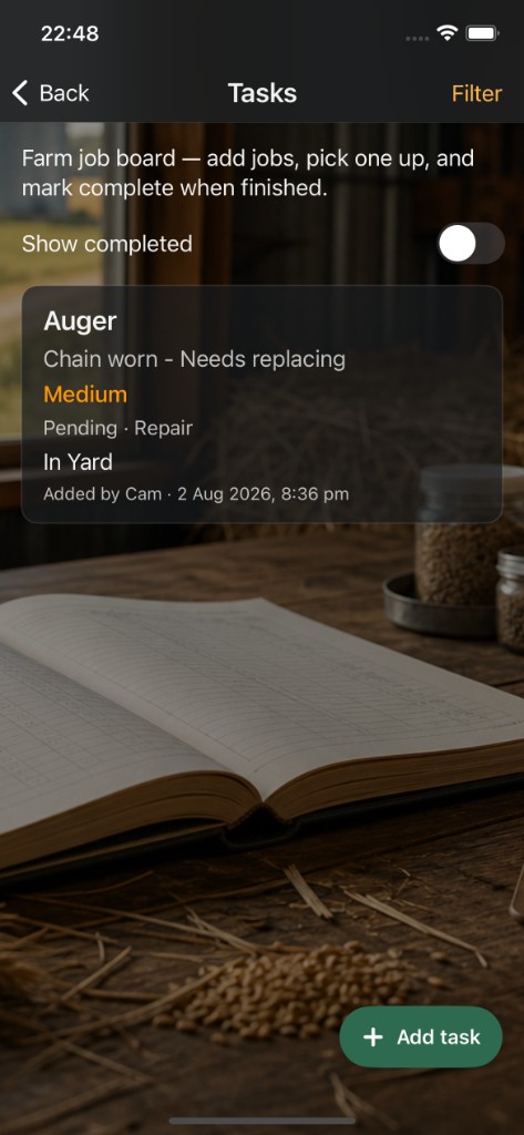 Tasks screen showing a repair job on the farm board